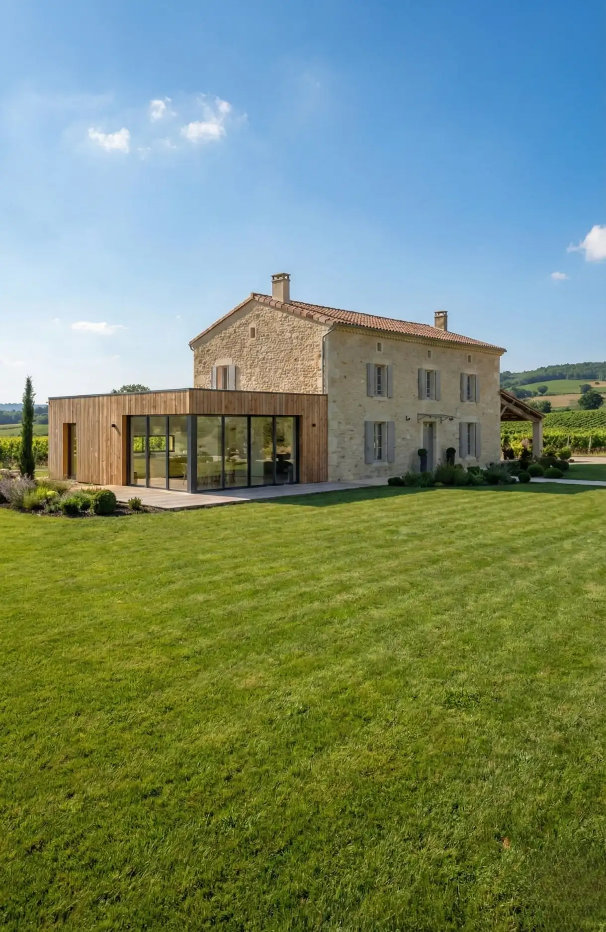 Extension de maison proche de Bordeaux Maison en pierre avec jardin verdoyant sous un ciel ensoleillé.