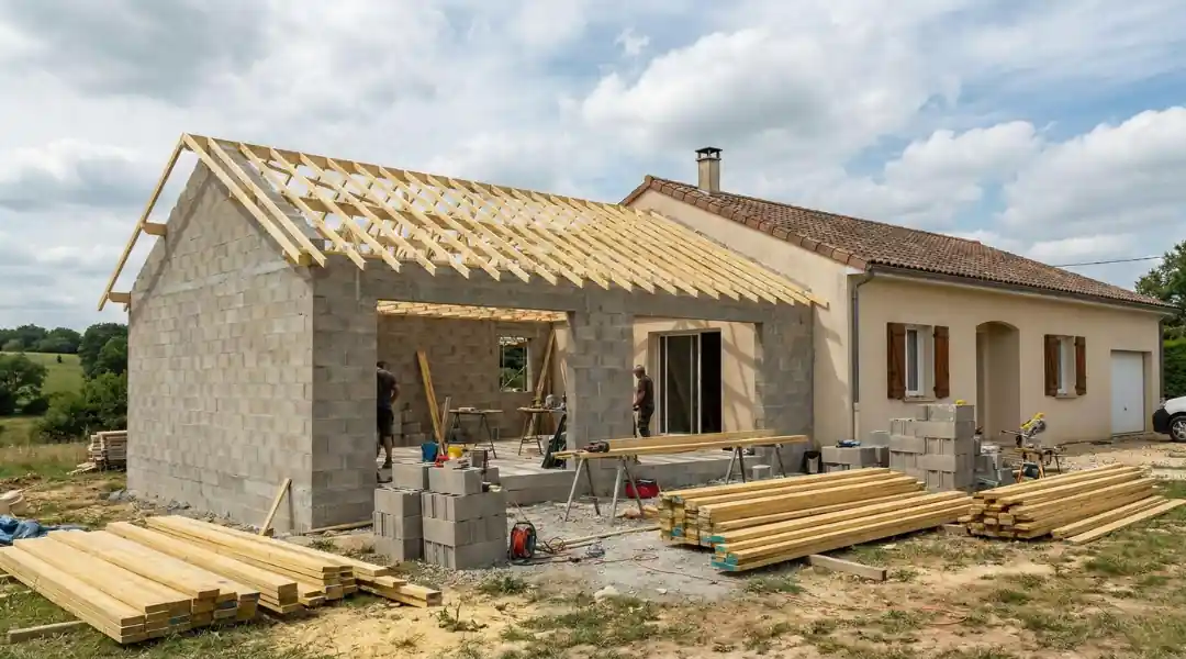 Extension bois à Léognan Construction d'une maison en cours, avec une charpente en bois et des matériaux autour.
