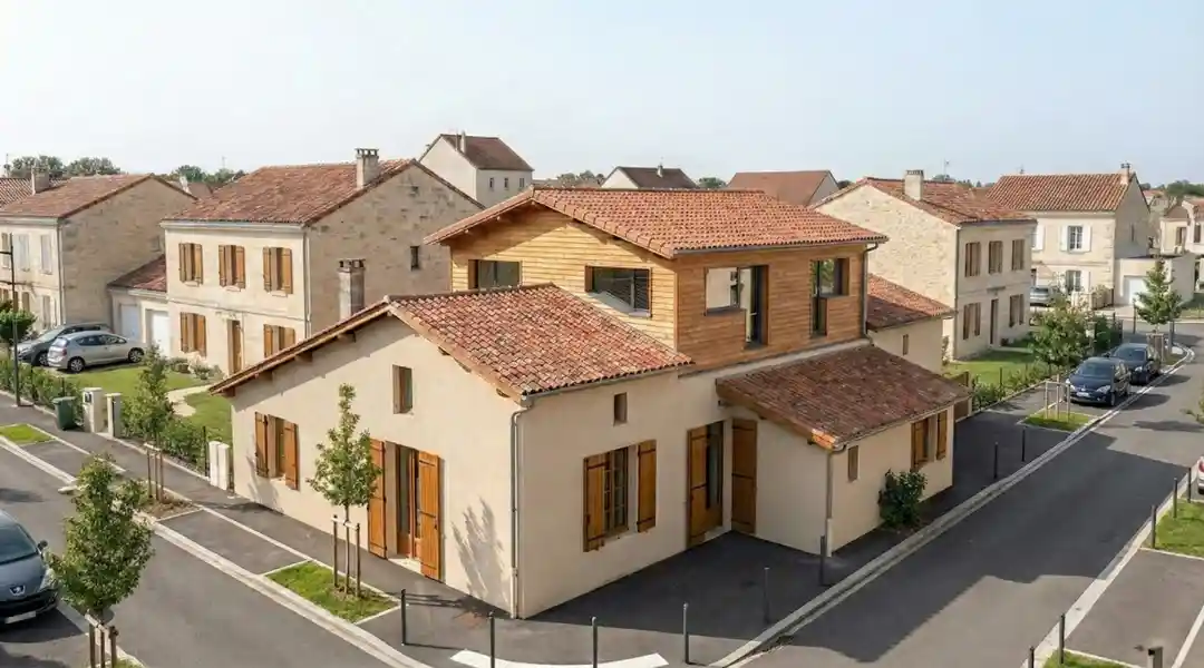 Surélévation à Libourne Maisons modernes avec toits en tuiles et façades en bois, dans un quartier résidentiel.